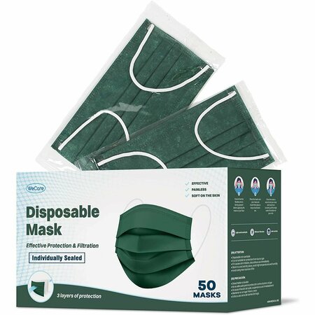 WECARE Disposable Face Mask, 3-Ply with Ear Loop 50 Individually Wrapped, Hunter Green, 50PK WMN100059